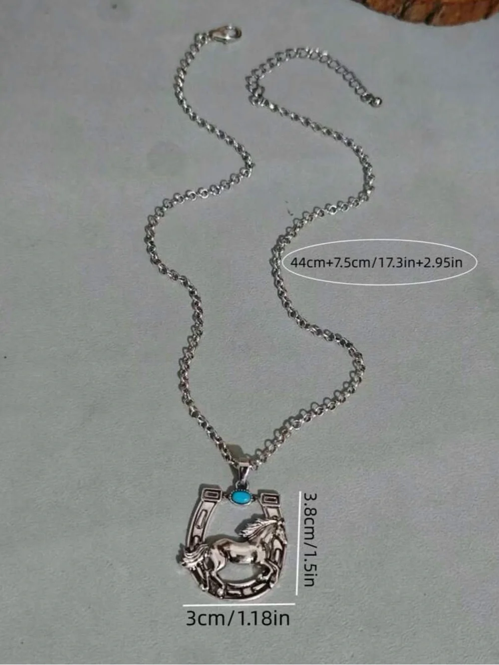 Western Necklace Silver Horse & Horseshoe Pendant Necklace with Turquoise Accent